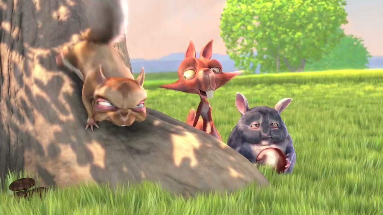 A frame of Big Buck Bunny after embedding: three characters by a tree, no visible mark
