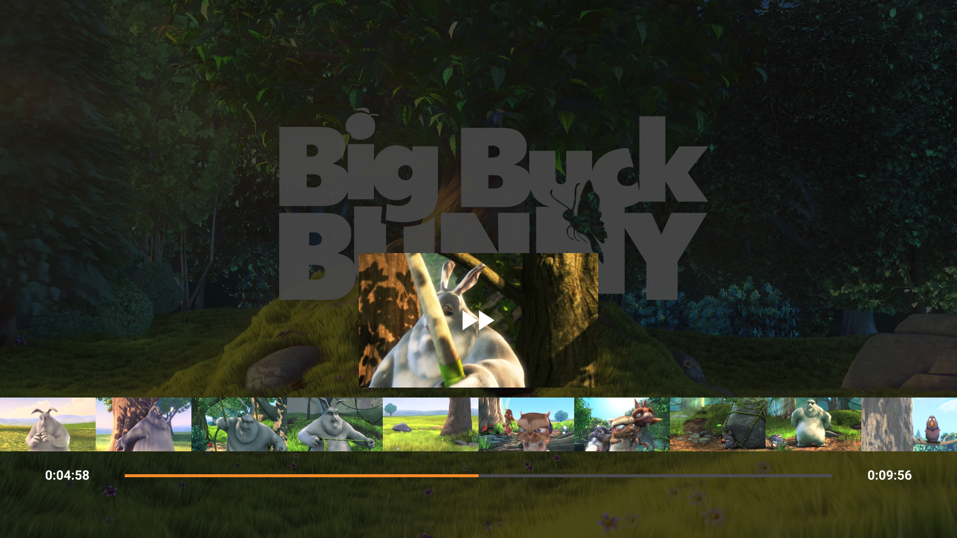 A player scrub mock with a filmstrip of Big Buck Bunny seek thumbnails