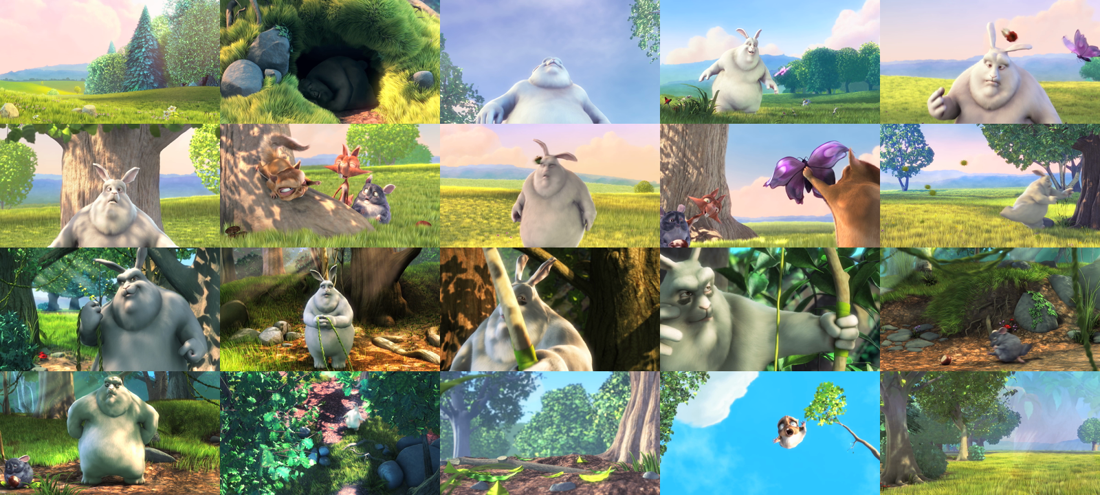 A real trickplay sprite sheet of Big Buck Bunny — 20 thumbnails at 24-second intervals in a 5×4 grid
