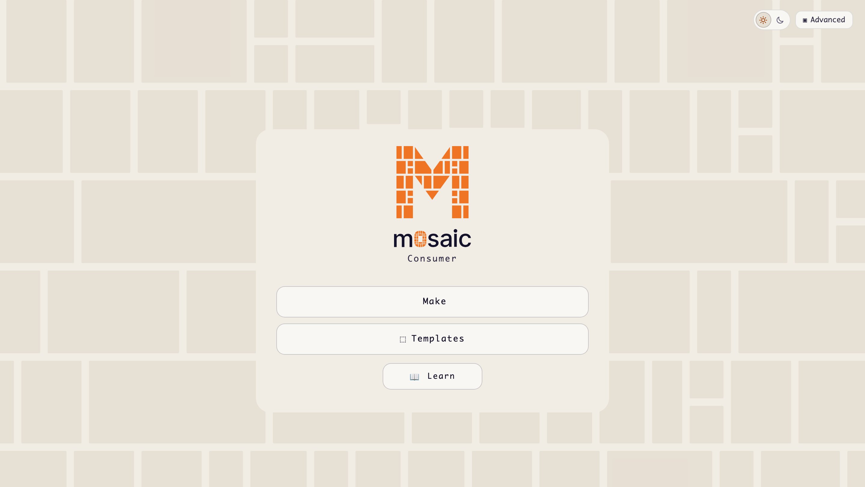 Mosaic Consumer's first screen: the m0saic mark, then Make, Templates and Learn