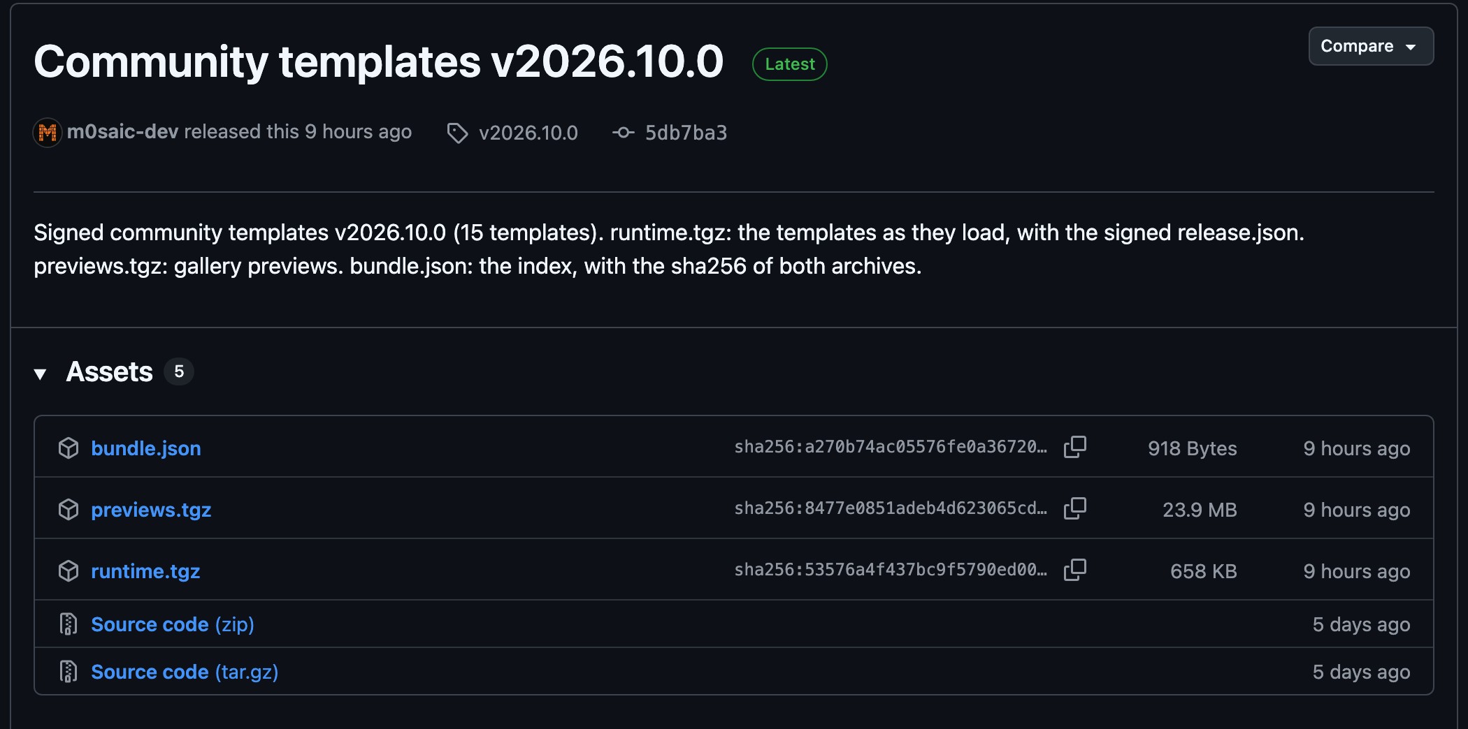 A GitHub release page, Community templates v2026.10.0, marked Latest, with bundle.json, previews.tgz and runtime.tgz listed under Assets above the two source code archives