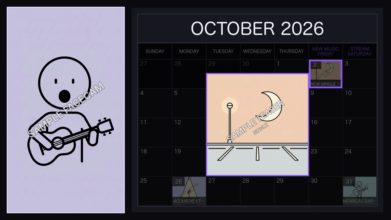 An October content calendar with teaser art in the drop days and a facecam beside it