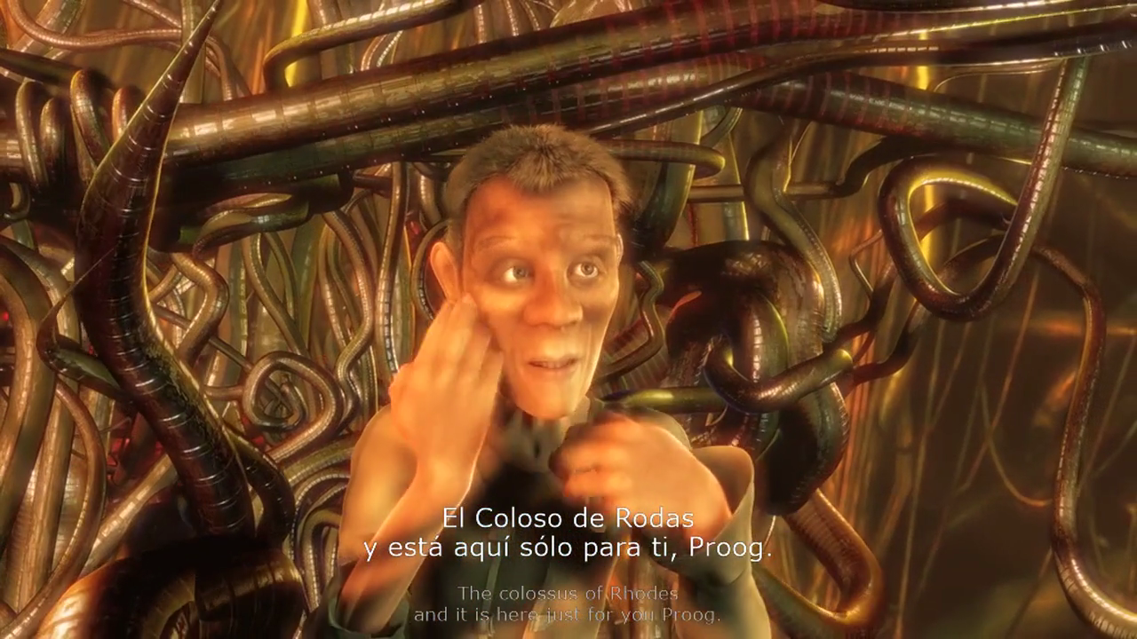 A drama still with Spanish subtitles above dimmed English subtitles