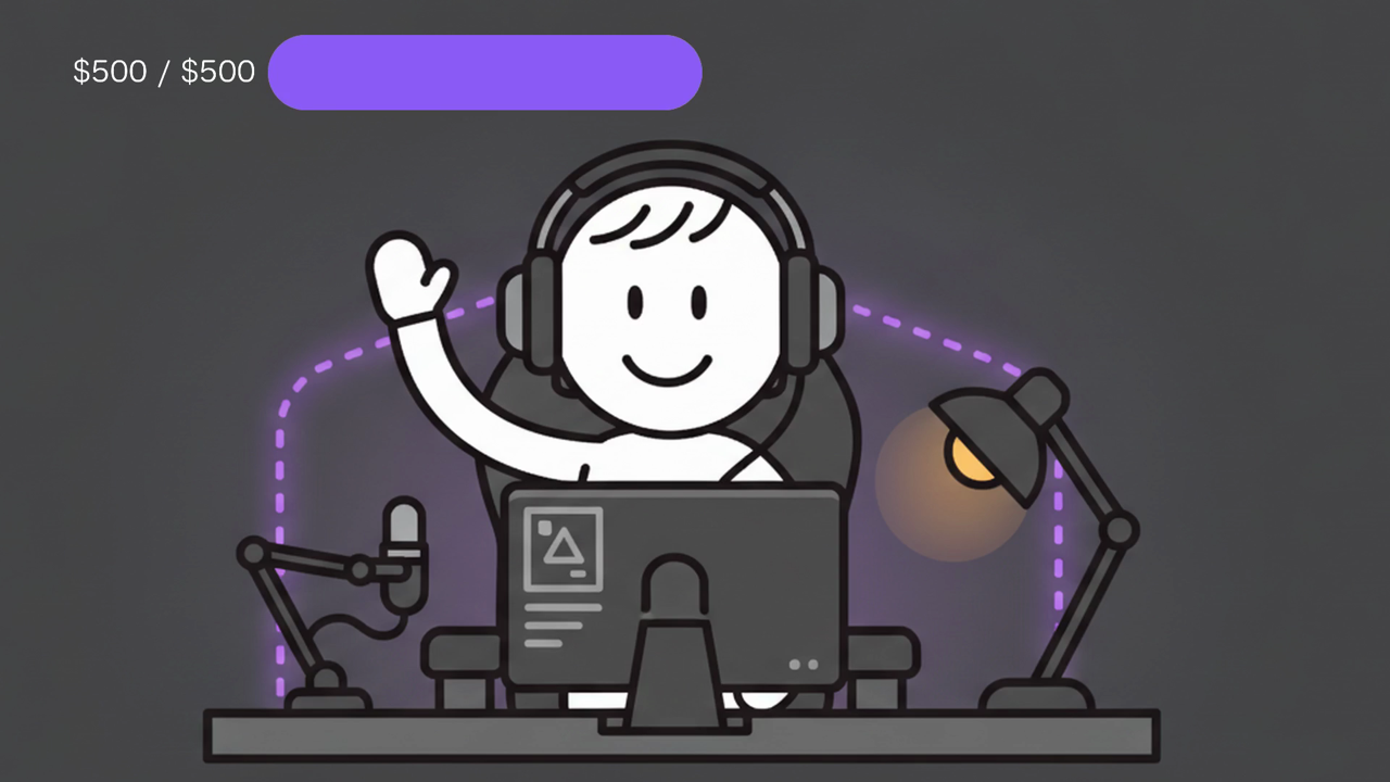 A stick-figure streamer in headphones waving at their desk, with a purple tip-goal bar pinned top-left